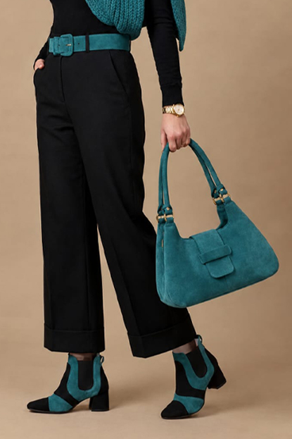 Dress ankle boots side elastics in matt black and aquamarine blue leather with low flare heels and round toe - Worn view